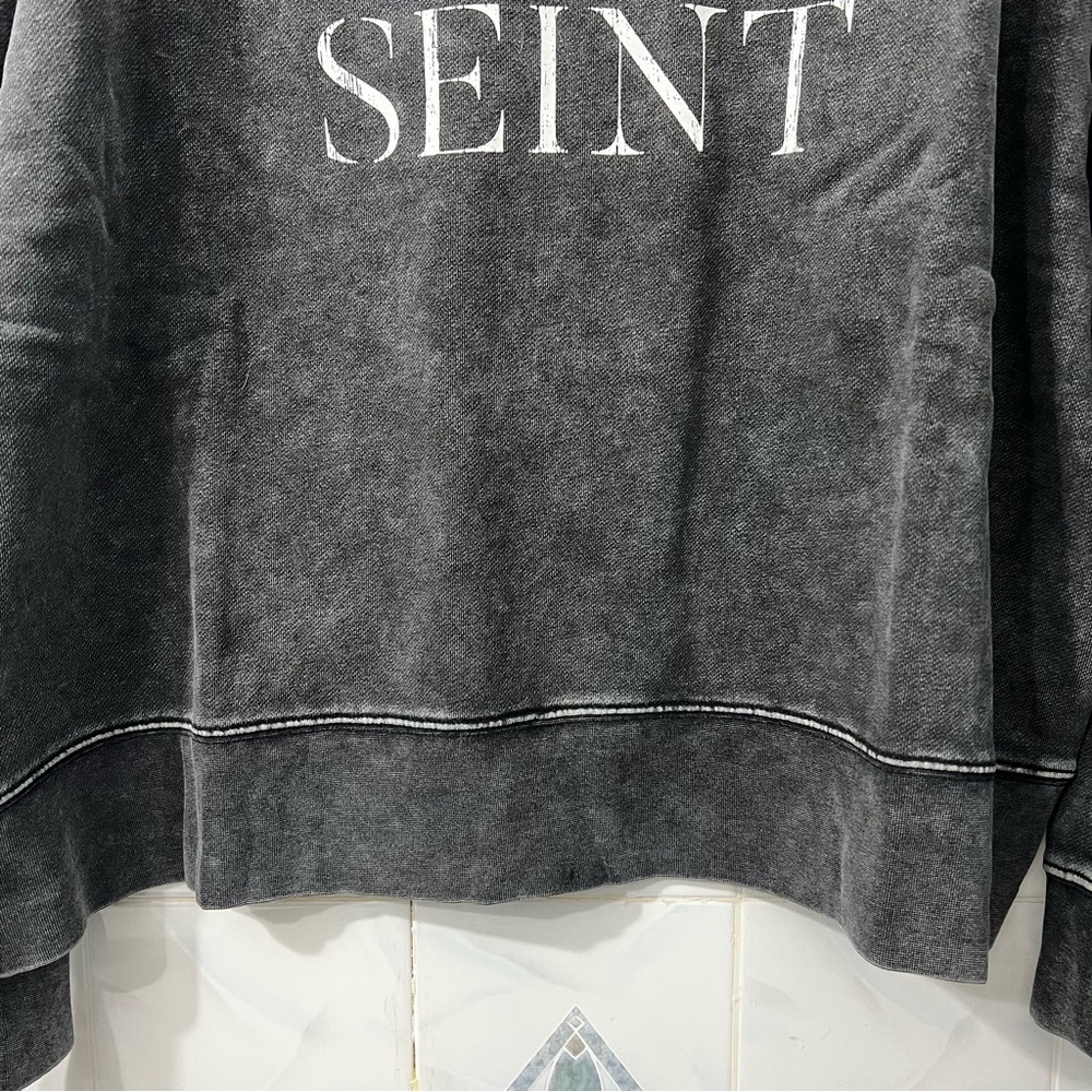 Seint Acid Wash Gray Fleece Crewneck Sweatshirt Pullover M Grunge Punk Casual - Picture 5 of 10